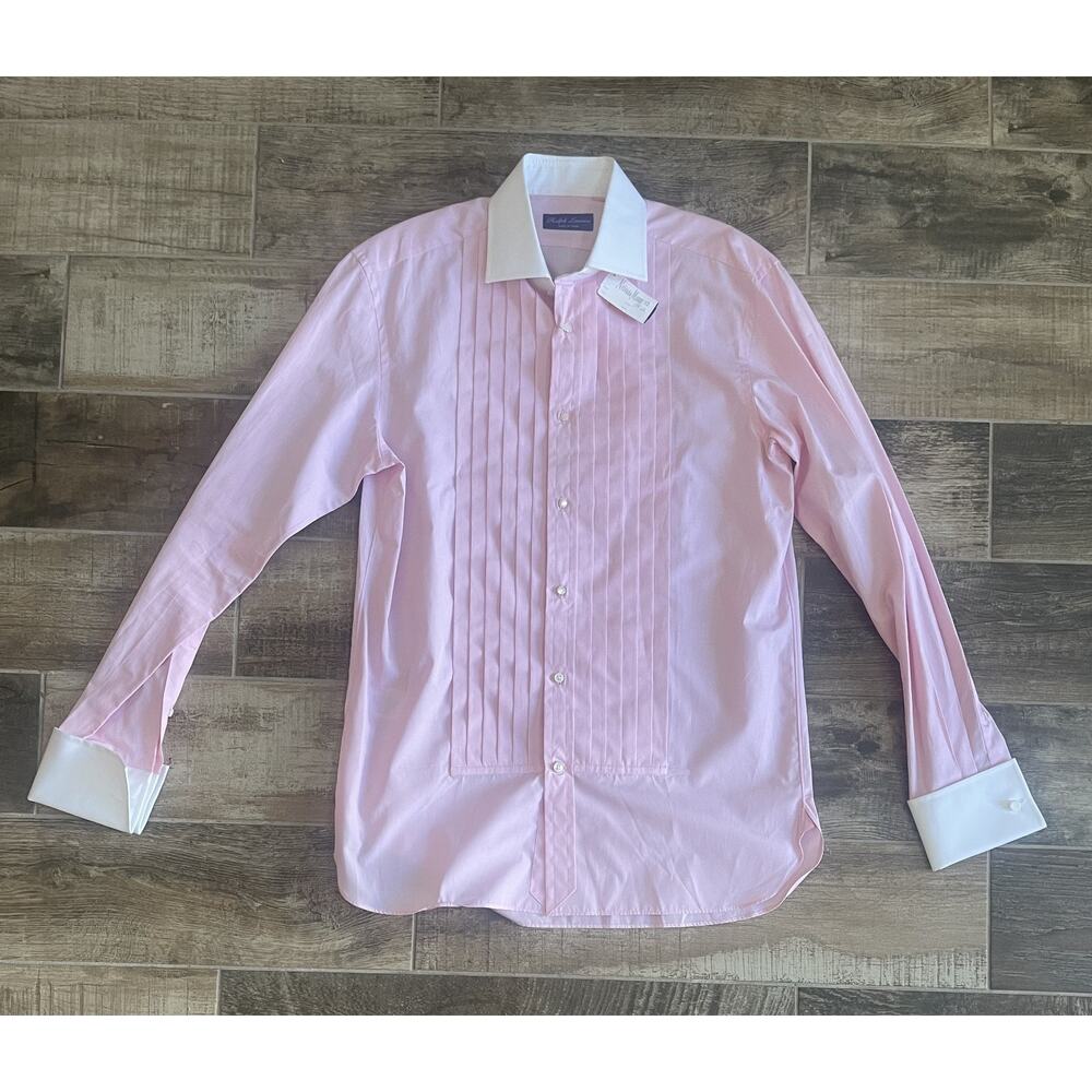 $895 NWT Ralph Lauren Purple Label French-Cuff Cotton Tuxedo Shirt Pink 15.5